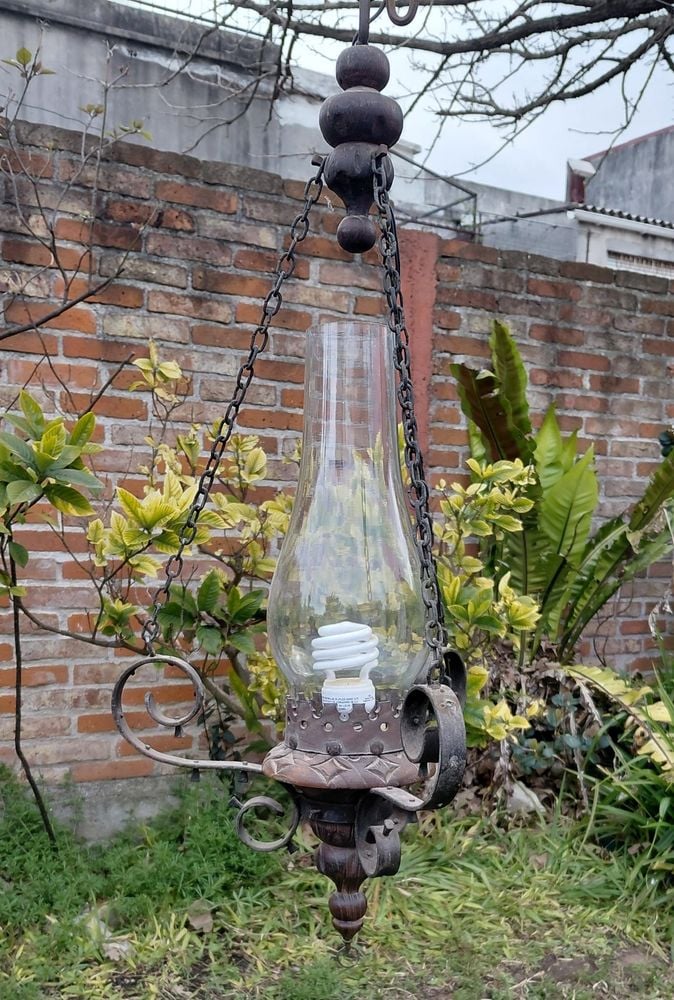 Lámpara Colgante de Hierro y Madera con Tulipa de Vidrio
