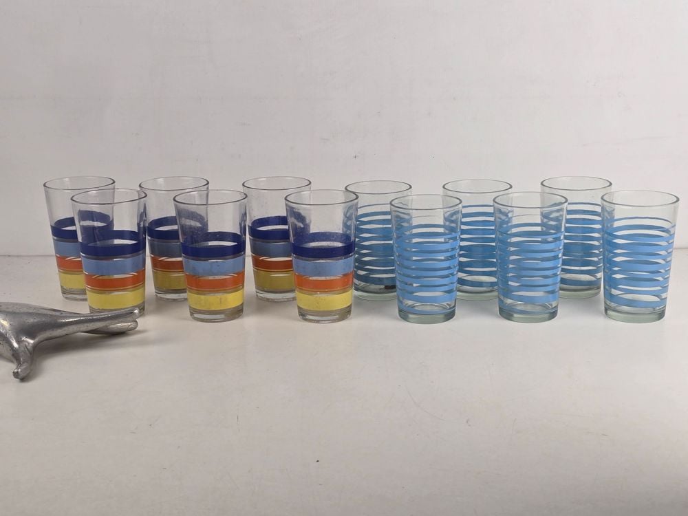 12 Vasos de Vidrio Vintage con Rayas Retro