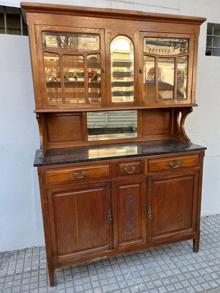 Alacena Antigua de Roble con Alzada Desmontable y Tapa de Mármol