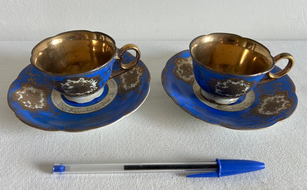 Juego de 2 Tazas y Platos de Café Porcelana Bavaria Azul y Dorado