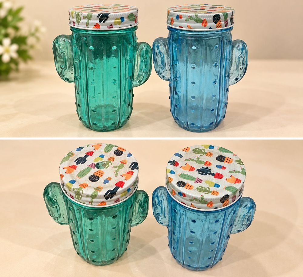 Set de 2 Vasos de Vidrio con Forma de Cactus y Tapa